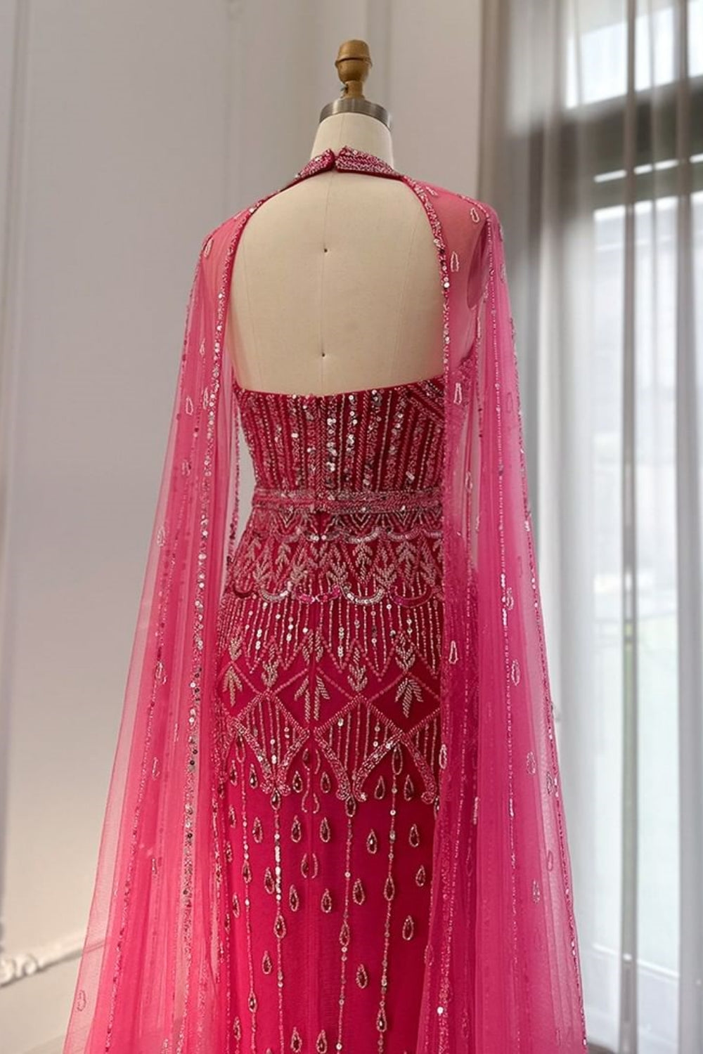 Long Mermaid Halter Beading Sequins Tulle Formal Prom Dresses with Tulle Shawl