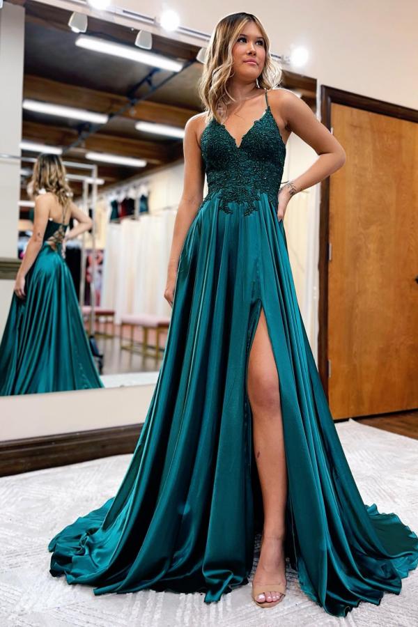 Royal Blue Long A-line V-neck Fornt Slit Backless Prom Dresses with Pockets