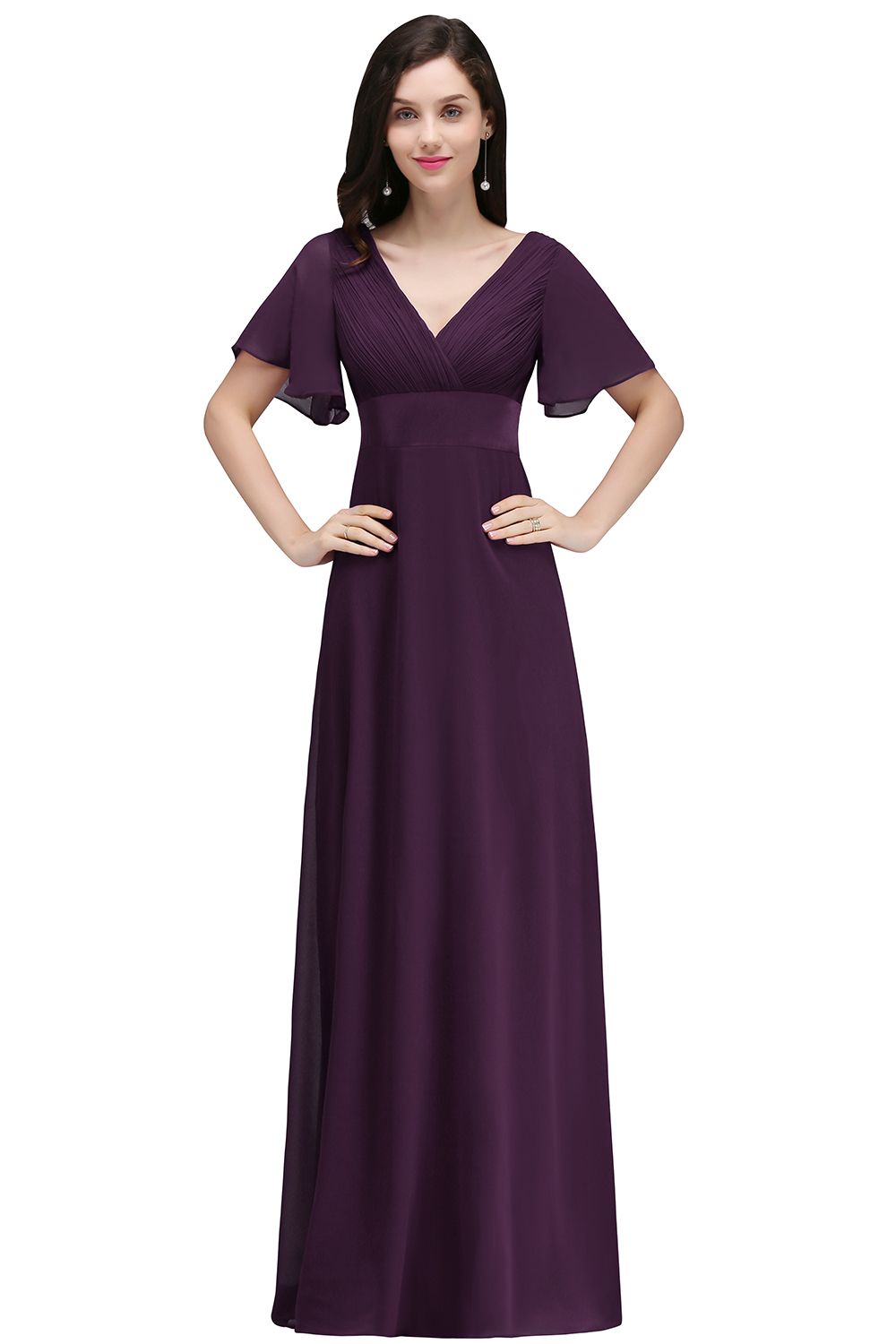 A-line Ruffle Chiffon V-Neck Long Bridesmaid Dress with Sleeves