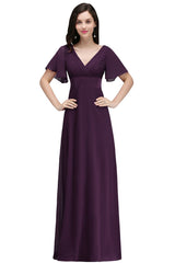A-line Ruffle Chiffon V-Neck Long Bridesmaid Dress with Sleeves