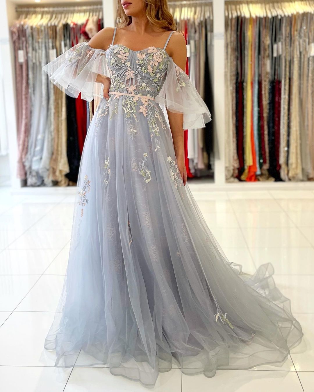 Elegant Long A-line Off the Shoulder Tulle Floral Lace Formal Prom Dress