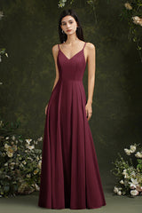 Long A-line Spaghetti Straps V-neck Floor Length Chiffon Formal Evening Dress