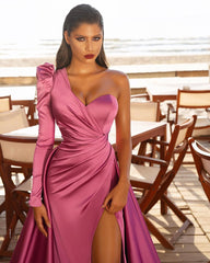Long One Shoulder Mermaid Satin Front Slit Formal Evening Dress with Sleeves