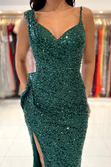 Sparkly Long Mermaid V-neck Sequins Formal Prom Dress with Slit