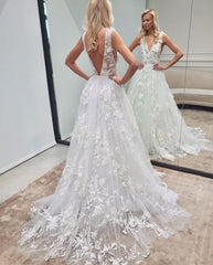 Elegant Long A-line V-neck Backless Tulle Lace Wedding Dress