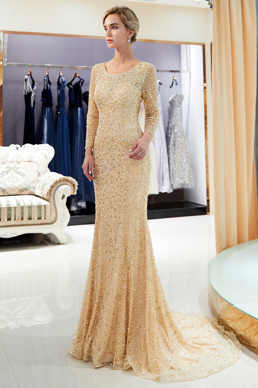 Long Sleeve Mermaid Floor Length Sequins Formal Party Dresses