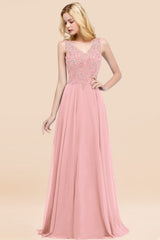 A-line Chiffon Appliques V-neck Sleeveless Floor Length Bridesmaid Dresses with Crystals