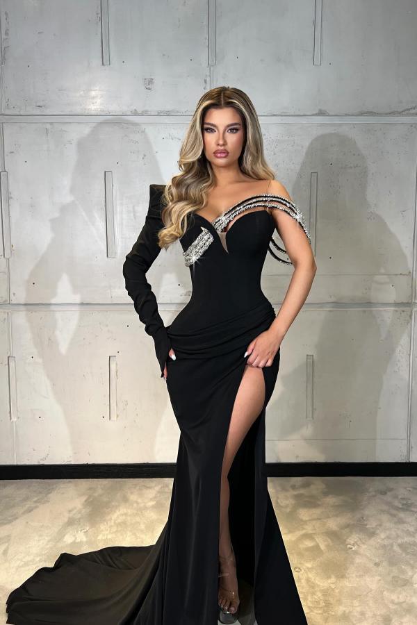 Black Mermaid Satin Long Sweetheart Prom Dress with Split Front