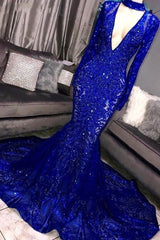 Long Sleeves Mermaid V-neck Sequins Prom Dress