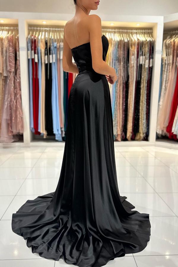 Simple Black Long A-line Sweetheart Satin Prom Dress with Slit