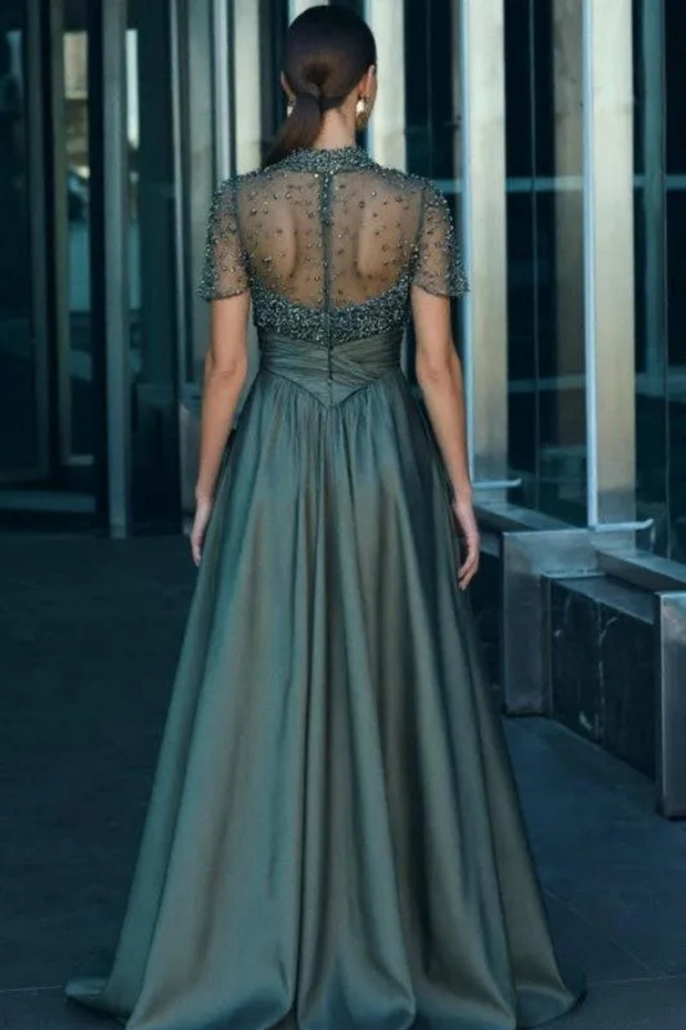 Elegant Illusion Neck Long A-line Formal Evening Dress with Pockets