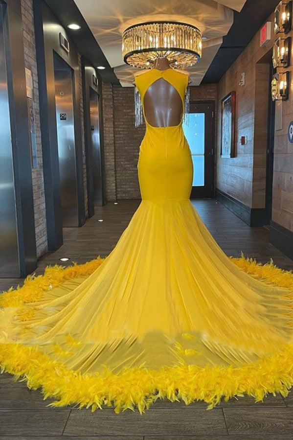 Charming Yellow Long Mermaid V-neckTulle Beading Backless Prom Dress