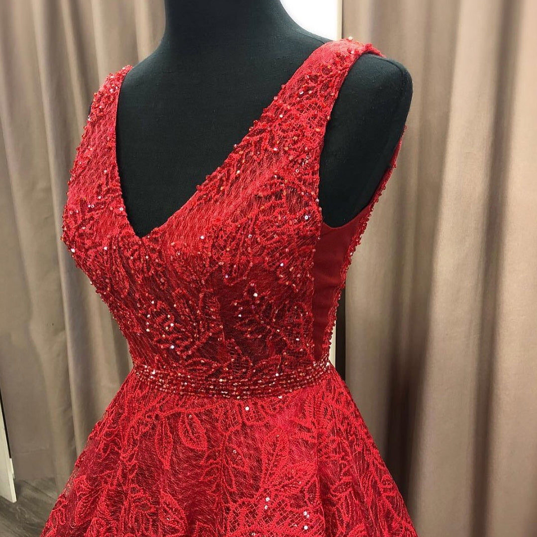 Long V-neck Lace A-line Lace Burgundy Formal Prom Dress