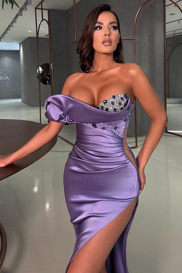 Sexy Strapless Open Back Satin Beaded Long Mermaid Prom Dress with Slit