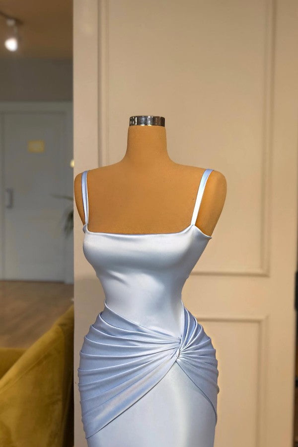 Modest Sky Blue Long Mermaid Spaghetti Straps Satin Formal Prom Dresses
