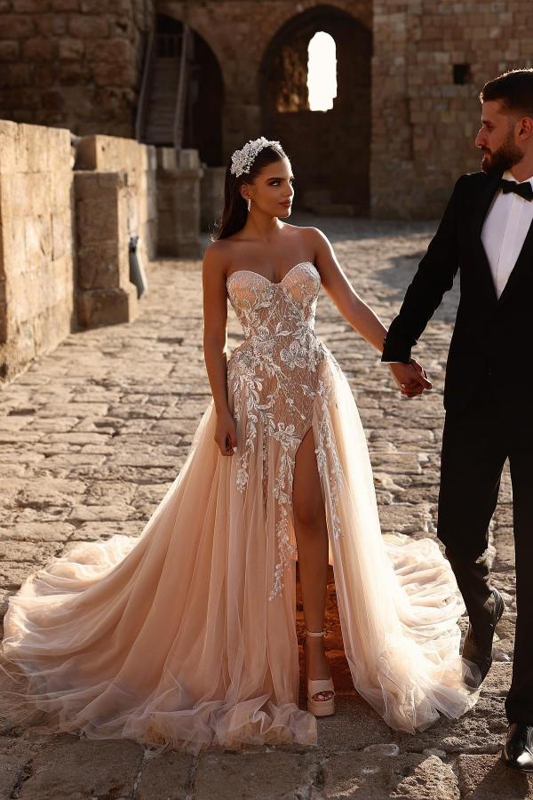 Beautiful Champagne A-Line Sweetheart Sleeveless Long Beading Wedding Dress with High Split