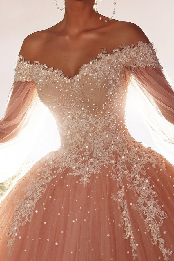 Long Sleeves Ball Gown Beads Appliques Lace Tulle Floor Length Prom Dress