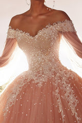 Long Sleeves Ball Gown Beads Appliques Lace Tulle Floor Length Prom Dress