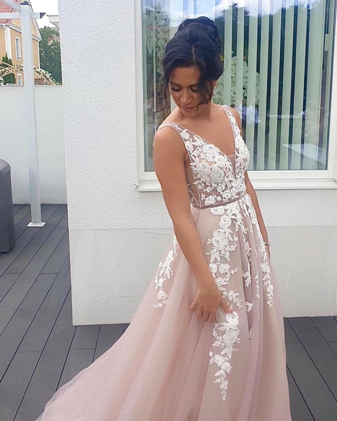Long A-line V-neck Tulle Floor Length Prom Dress