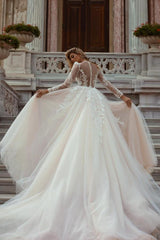 Charming V-neck Mermaid Long Sleeves Tulle Wedding Dress with Appliques
