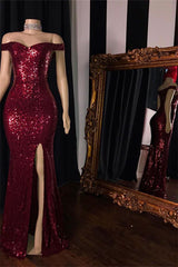 Long Mermaid Off the Shoulder Sequined Burgundy Prom Dress with Slit