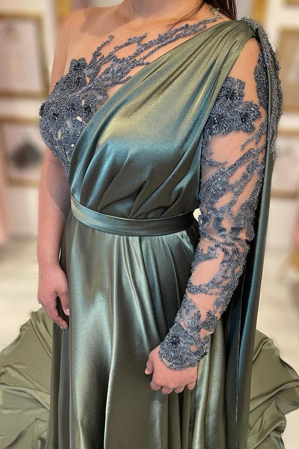 Elegant Long A-line One Shoulder Satin Lace Formal Dresses with Sleeves
