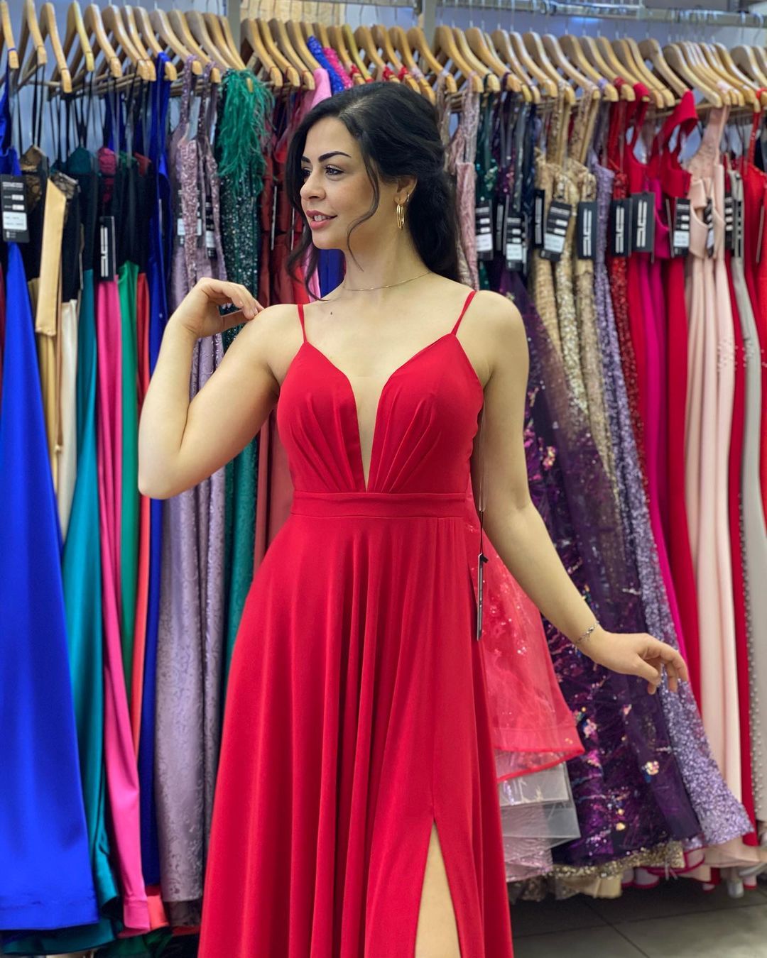A-line V-neck Spaghetti Straps Backless Ruffles Split Chiffon Prom Dress