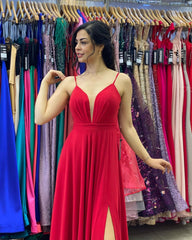 A-line V-neck Spaghetti Straps Backless Ruffles Split Chiffon Prom Dress