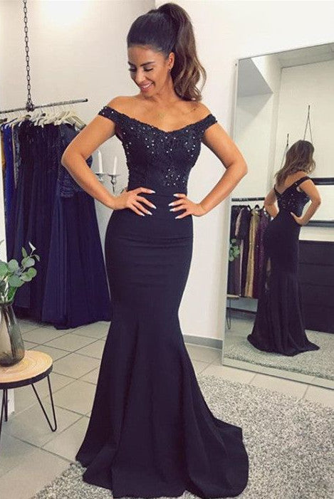 Chic Long Off the Shoulder Floor Length Satin Mermaid Prom Dress