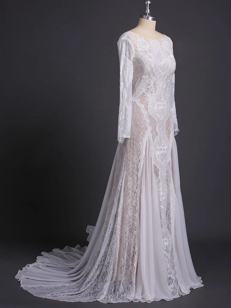 Elegant Long Sleeve Mermaid Lace Open Back Wedding Dress