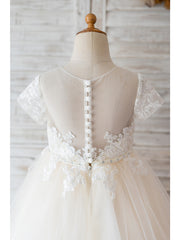 Short Ball Gown Tulle Lace Flower Girl Dresses with Sleeves