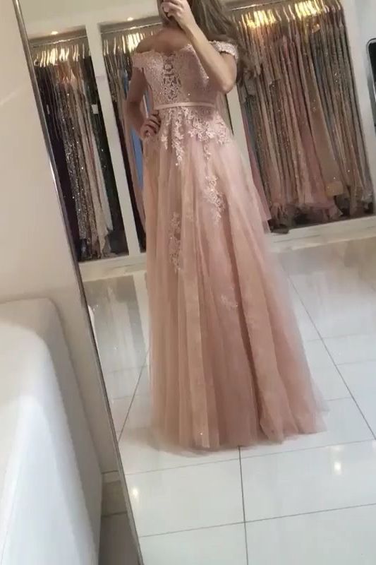 Elegant Off the Shoulder Appliques Lace A-Line Ruffles Floor Length Prom Dress