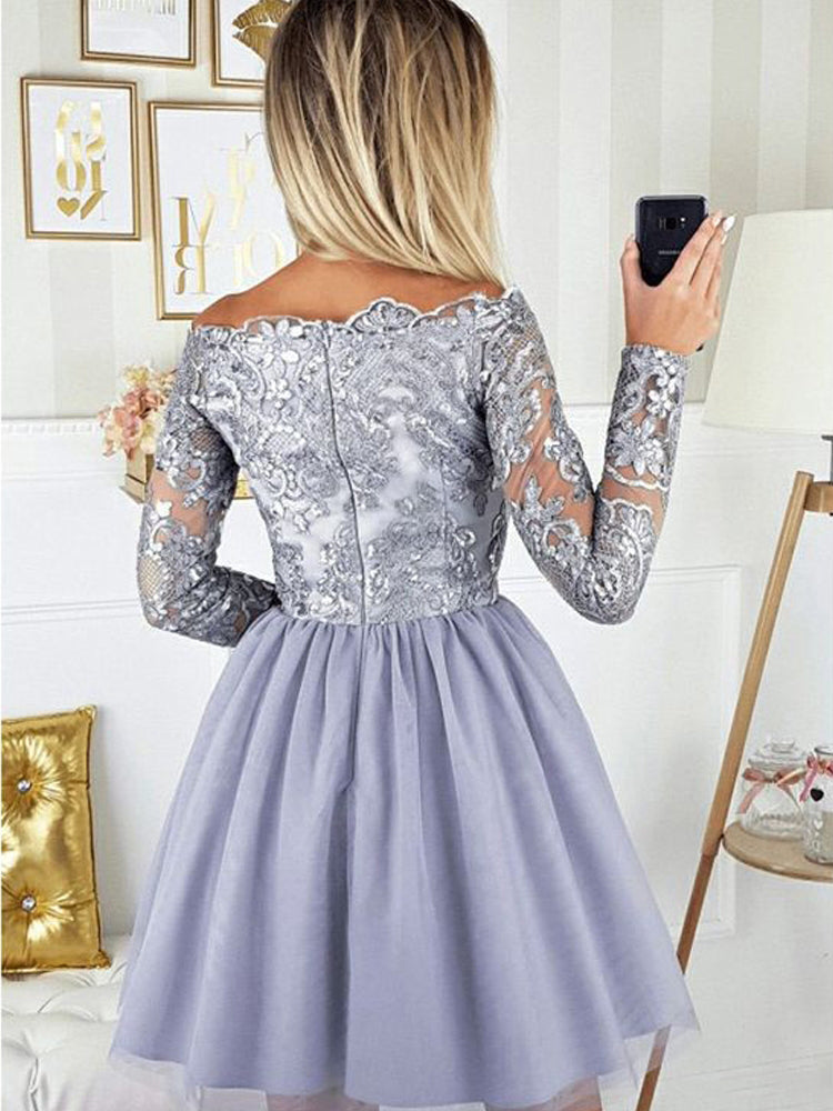 Chic Short Off the Shoulder Tulle Long Sleeves Party Dress