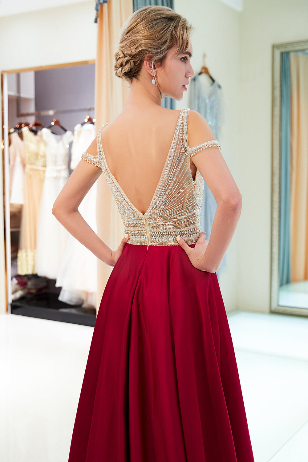 Long V-neck Satin A-line Beaded Formal Evening Dress