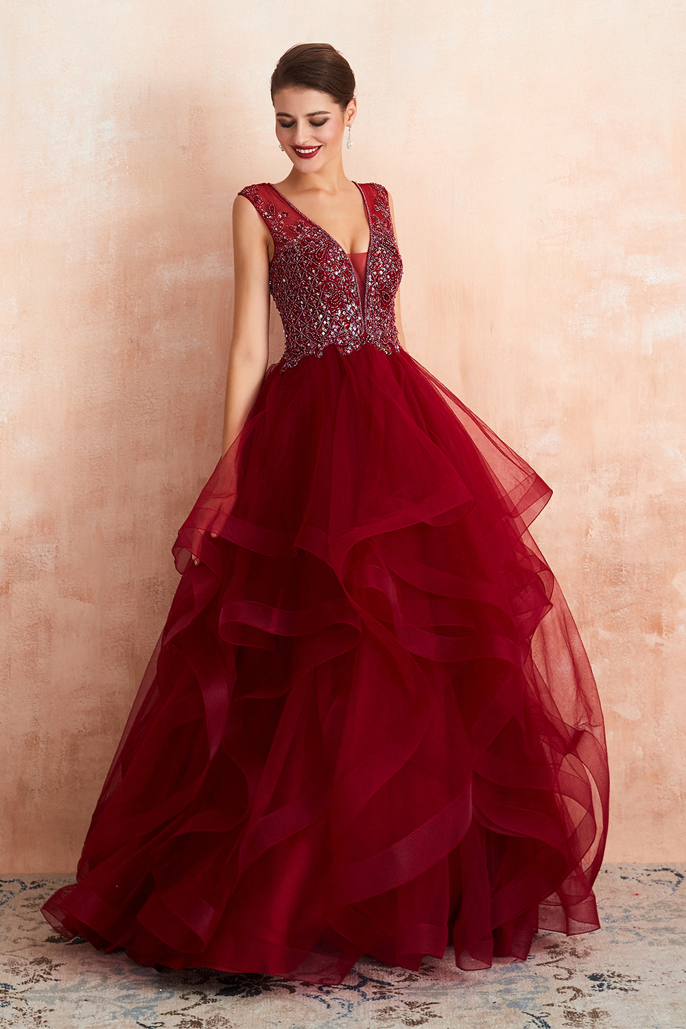 Long V-neck Tulle A-line Beaded Burgundy Formal Evening Dresses