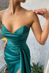 Simple Mermaid Sweetheart Sleeveless Satin Long Prom Dress with Split