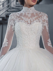 Long Ball Gown High Neck Court Train Tulle Wedding Dresses with Sleeves