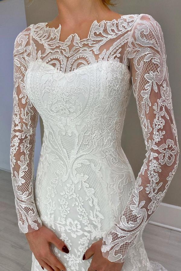Simple Open Back Long Sleeve Lace Mermaid Floor Length Wedding Dress