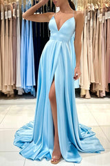 Chic Long A-line V-neck Sleeveless Satin Prom Dress with Slit