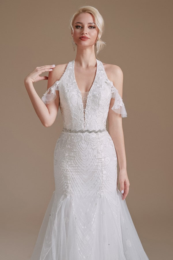 Elegant Long Mermaid Halter Tulle Floor Length Wedding Dress with Appliques Lace