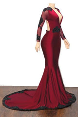 Long V-neck Appliques Lace Mermaid Prom Dress with Sleeves