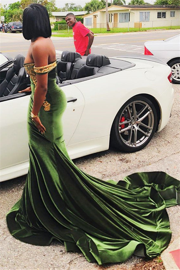 Long Off the Shoulder Velvet Appliques Mermaid Prom Dress