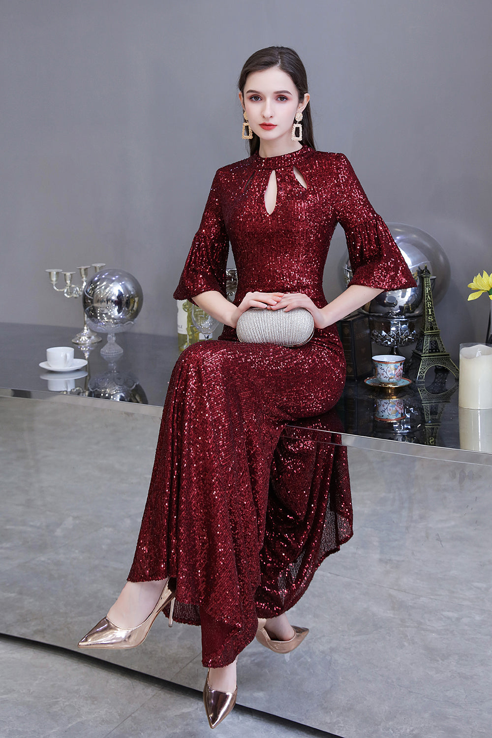 Burgundy Mermaid Sequins Long Formal Evening Dresses with Sleeves
