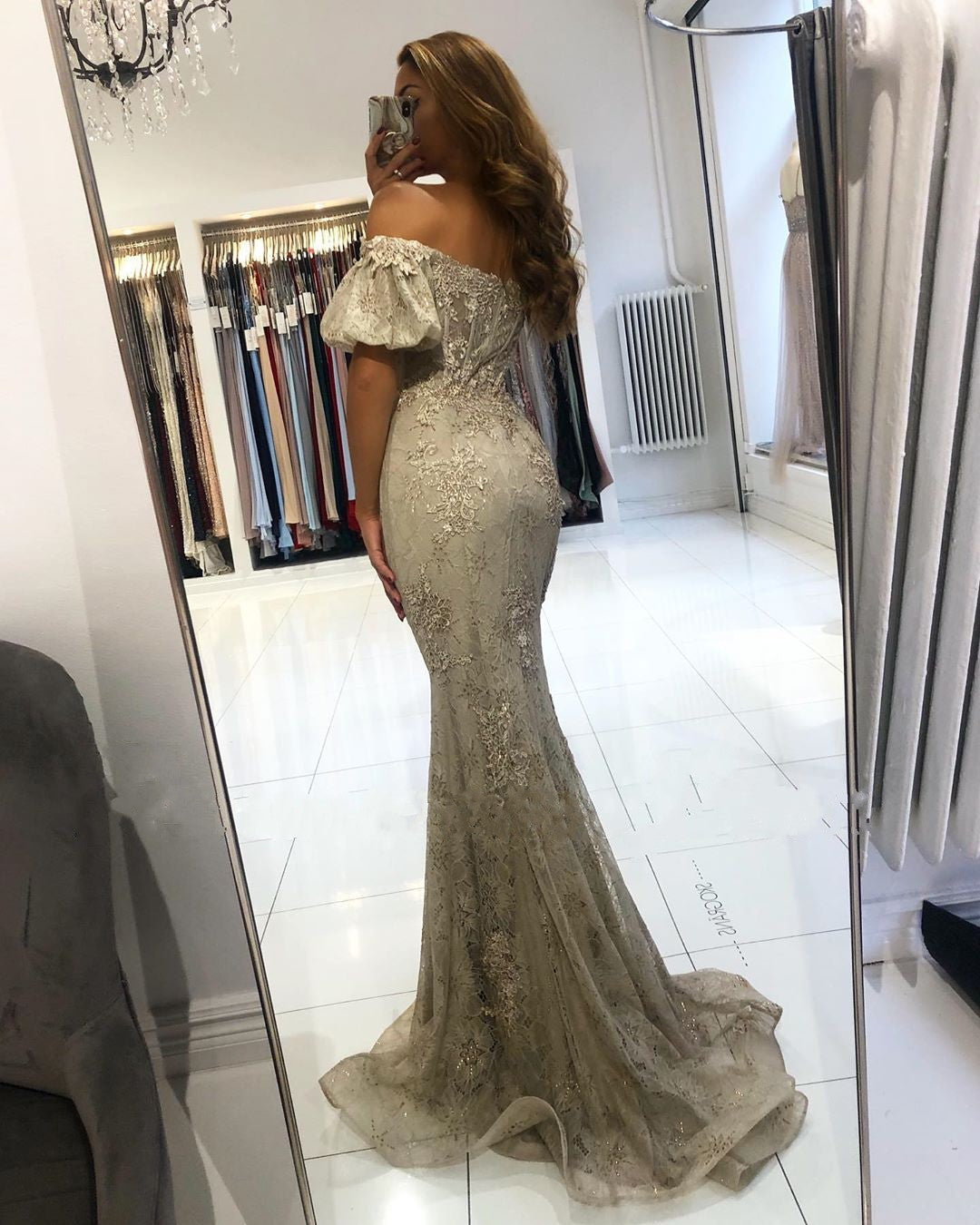 Long Mermaid Off the Shoulder Lace Prom Dress with Puffy Sleeves