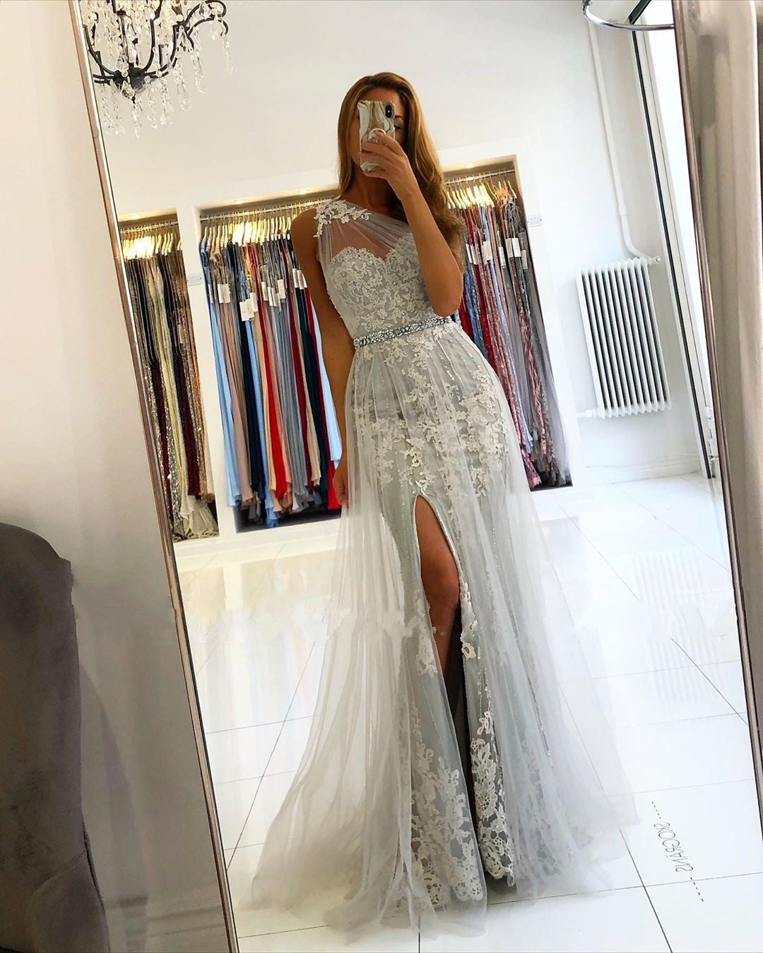 Elegant Long Mermaid One Shoulder Tulle Prom Dress with Slit
