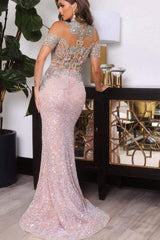 Long Mermaid High Neck Sequined Beaded Evening Formal Dresses