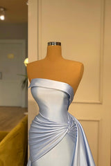 Elegant Sky Blue Long Mermaid Strapless Satin Formal Prom Dresses