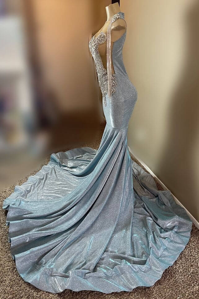 Sparkle Long Mermaid Appliques Lace Backless Prom Dress with Beads