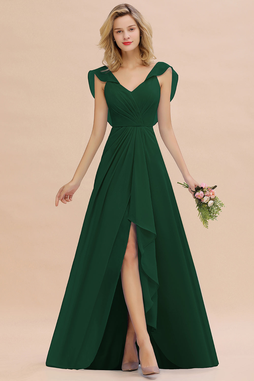 Simple High Low A-line V-Neck Ruffles Chiffon Bridesmaid Dress
