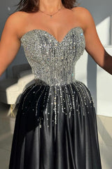 Black Sweetheart Long A-Line Satin Prom Dress with Slit